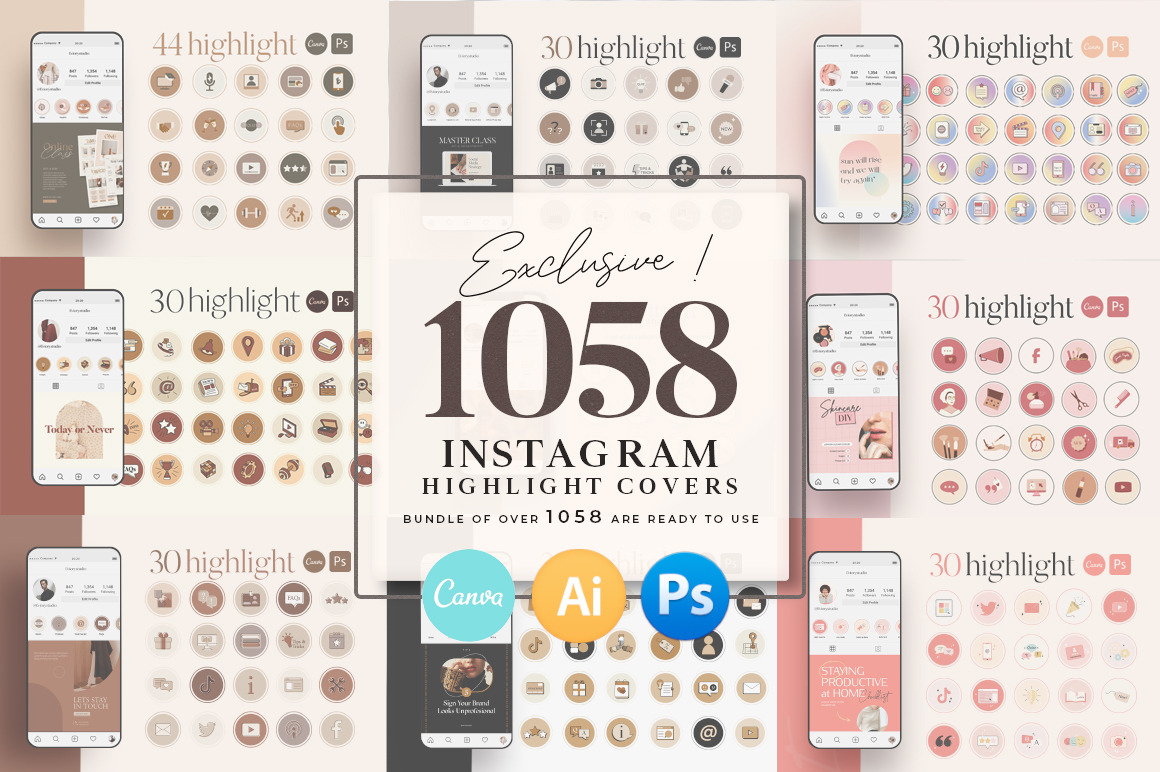 BUNDLE Highlight Instagram CANVA PS, a Social Media Template by Eviory