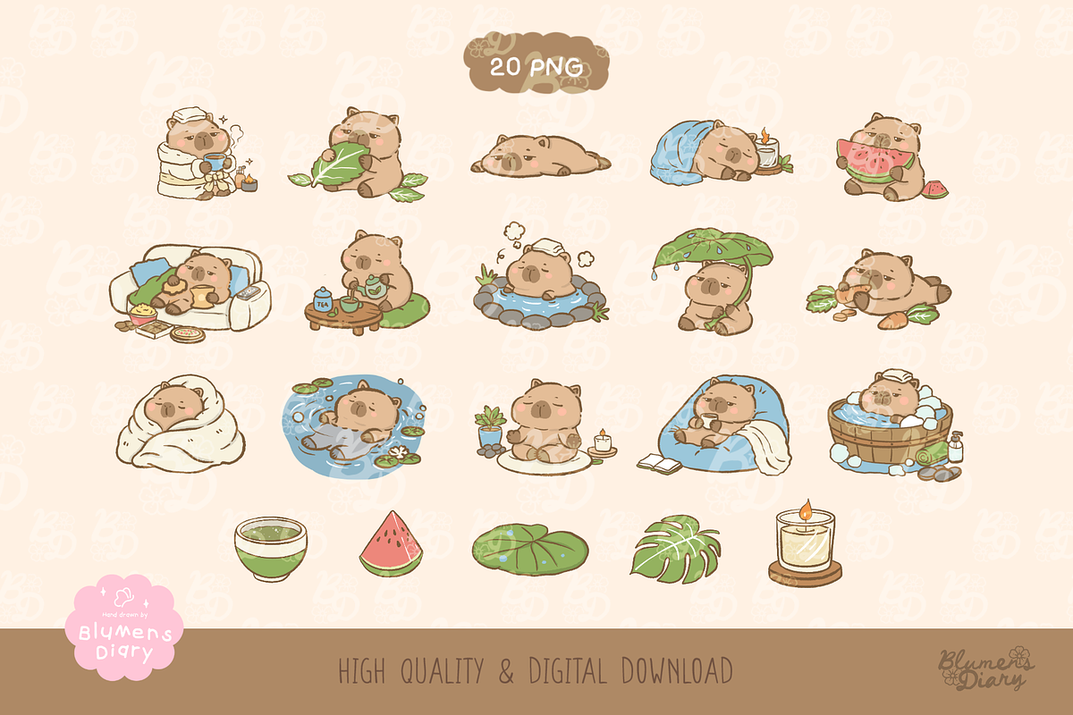 Lazy Day Capybara Clipart Set, an Animal Illustration by Blumensdiary (Photo 2 of 6)