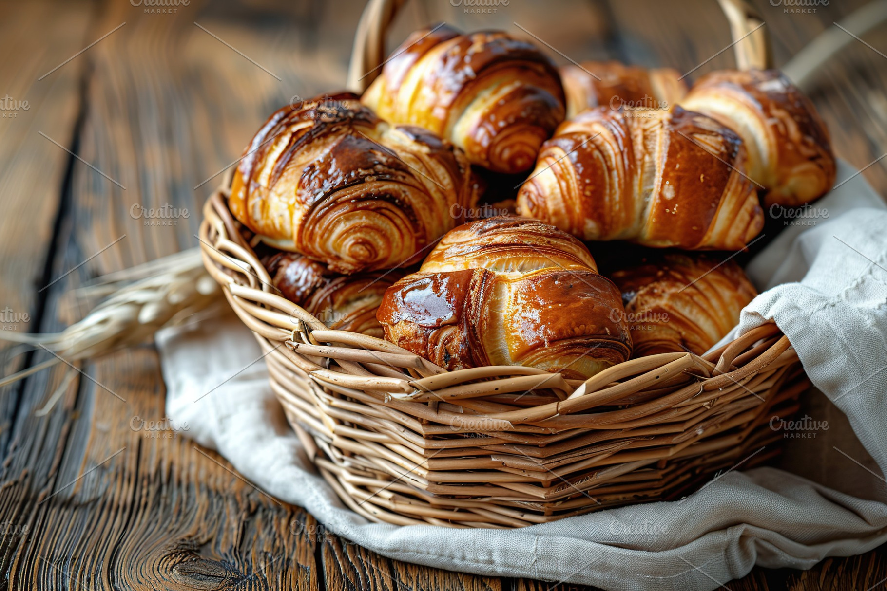 Freshly different baked buns in basket on wooden table, a Food & Drink Photo by AlyaAnd