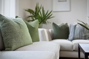 Cozy living room interior featuring a comfortable sofa with gree, a Photo by Studio ANNA