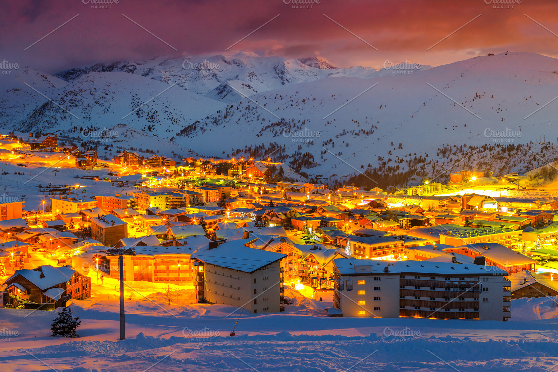 Majestic sunset and ski resort, an Architecture Photo by Alpine Dreams