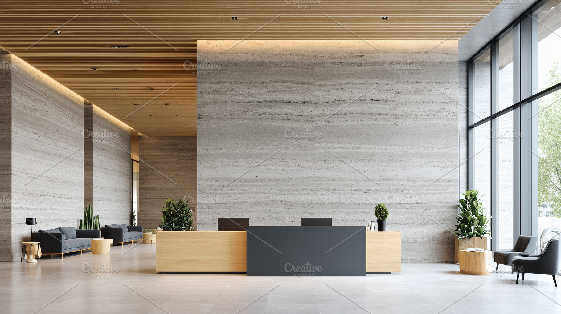 Modern office reception area with, an Architecture Photo by MistyDay
