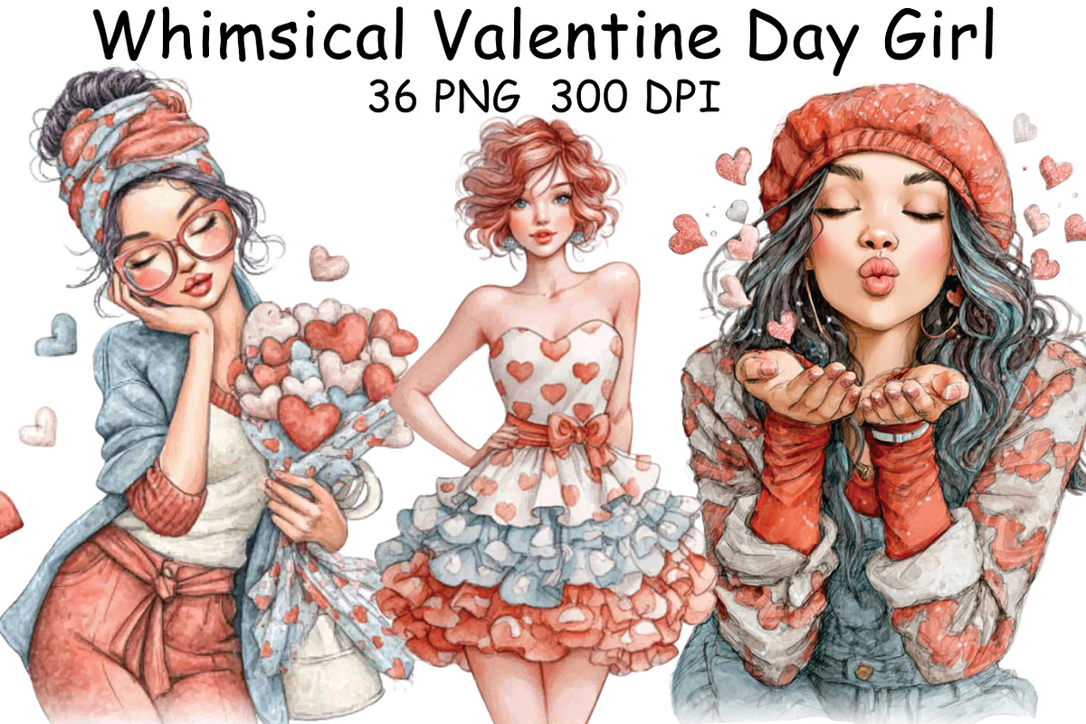 Whimsical Valentine Day Girl Clipart, an Illustration by CraftArtStudio (Photo 1 of 6)