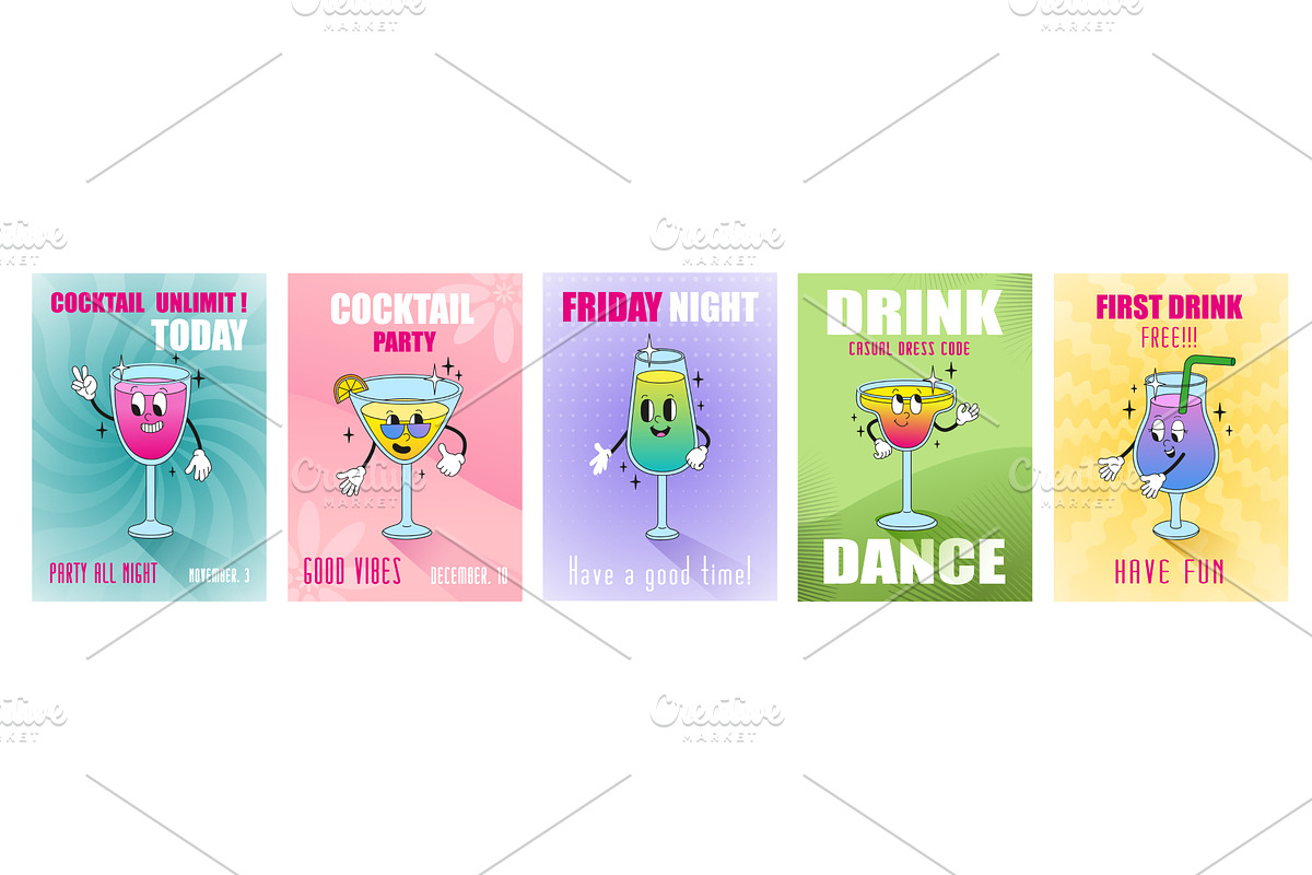 Groovy characters cocktails posters, a Food Illustration by Valerie Bodnar