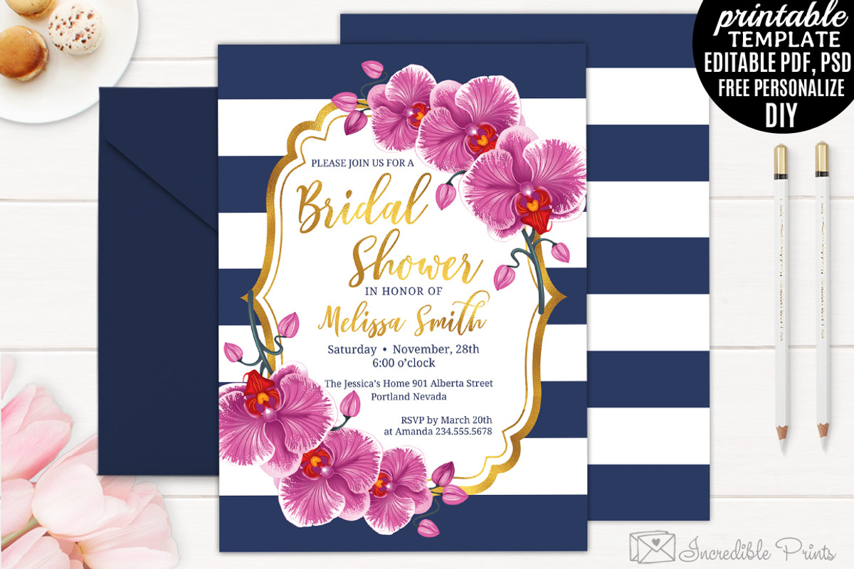 Orchid Navy Bridal Shower Invitation, an Invitation Template by Blush Roses Print (Photo 1 of 2)