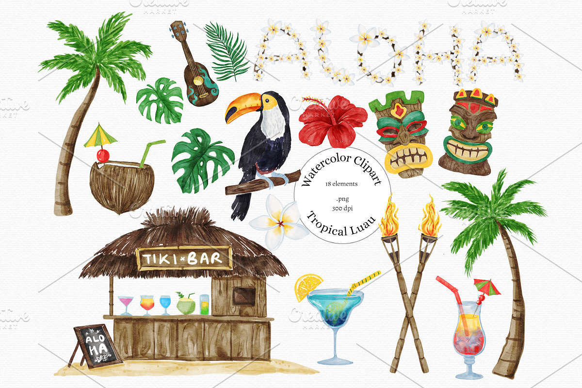 Watercolor Tropical Luau Set, an Illustration by MiracleArtAndDesign (Photo 1 of 4)