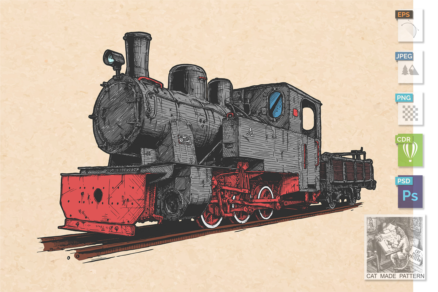 Retro steam locomotive and coal-car, a Texture Illustration by ...
