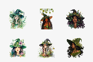 Watercolor Green Witch Clipart