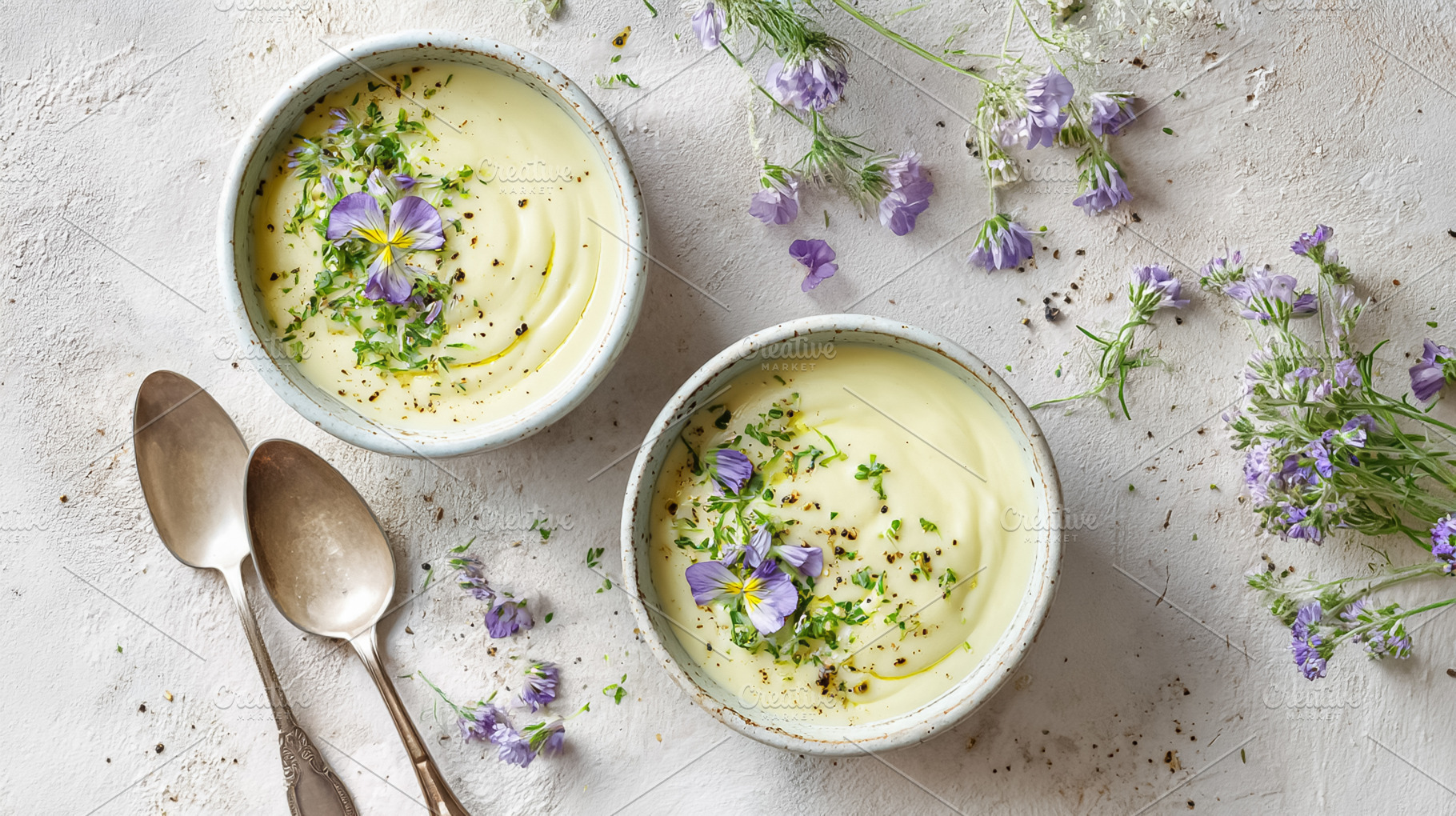 Creamy vegan vegetable soup with edible flowers and fresh herbs,, a Photo by Studio ANNA