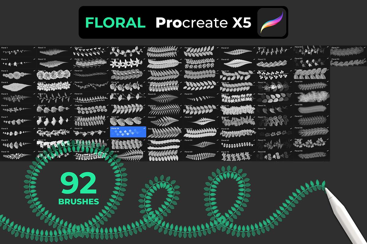 92 FLORAL brushes for PROCREATE X5, a Brush Add-On by Graphics Resources (Photo 2 of 15)