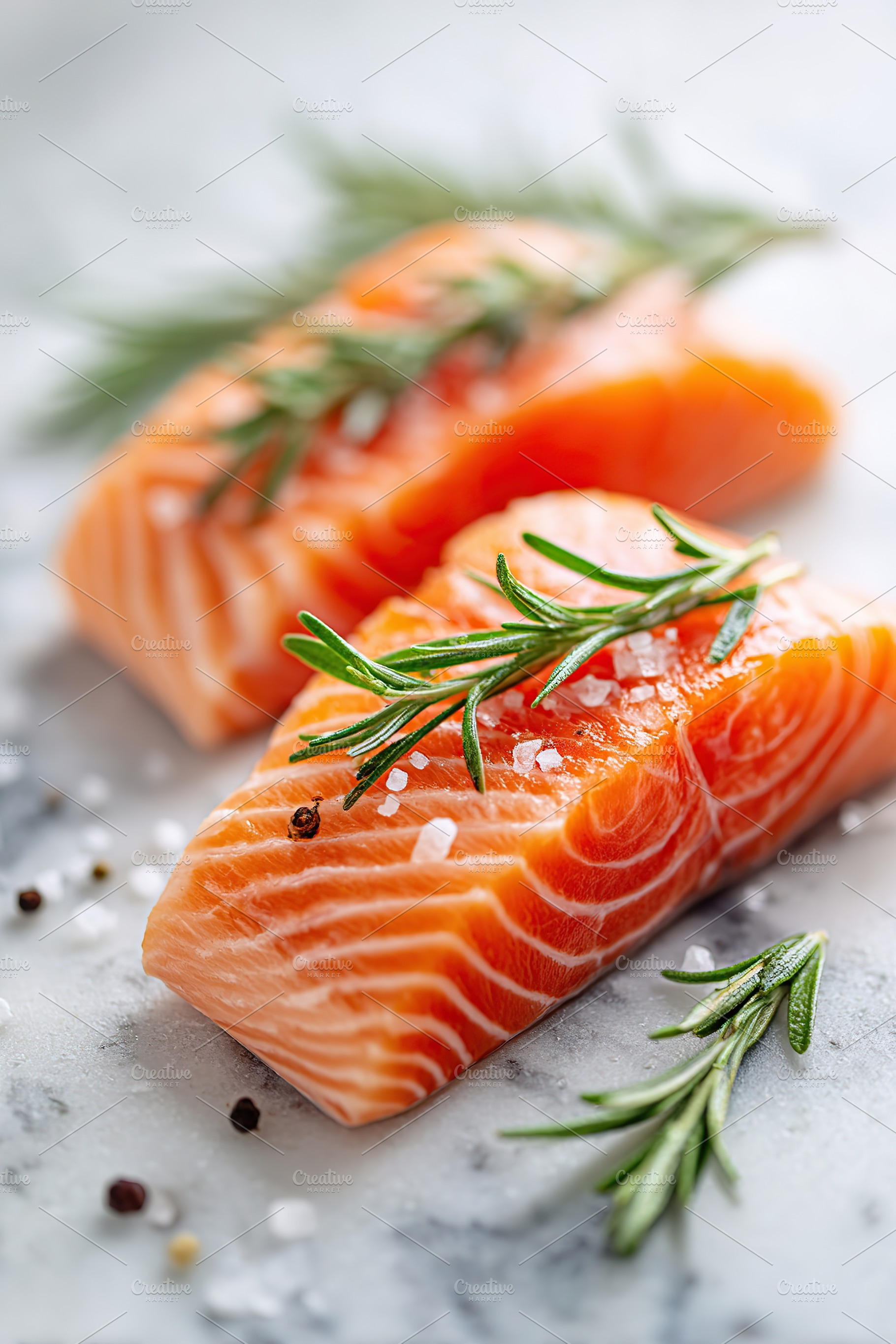 Raw salmon steaks garnished with rosemary on a light background for culinary pr, a Food & Drink Photo by AlyaAnd