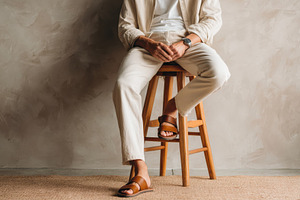 Man tying sandals with cotton pants, a Person Photo by Virgo Studio