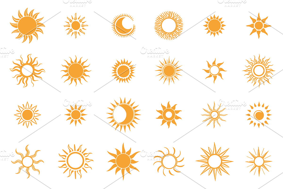 Sun icon set. Sunny symbols. Rays, an Object Illustration by Valerie Bodnar