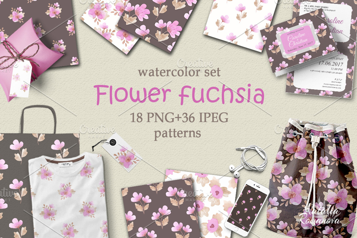 Flower fuchsia patterns watercolor, a Pattern Graphic by BrushArtDesigns (Photo 2 of 4)