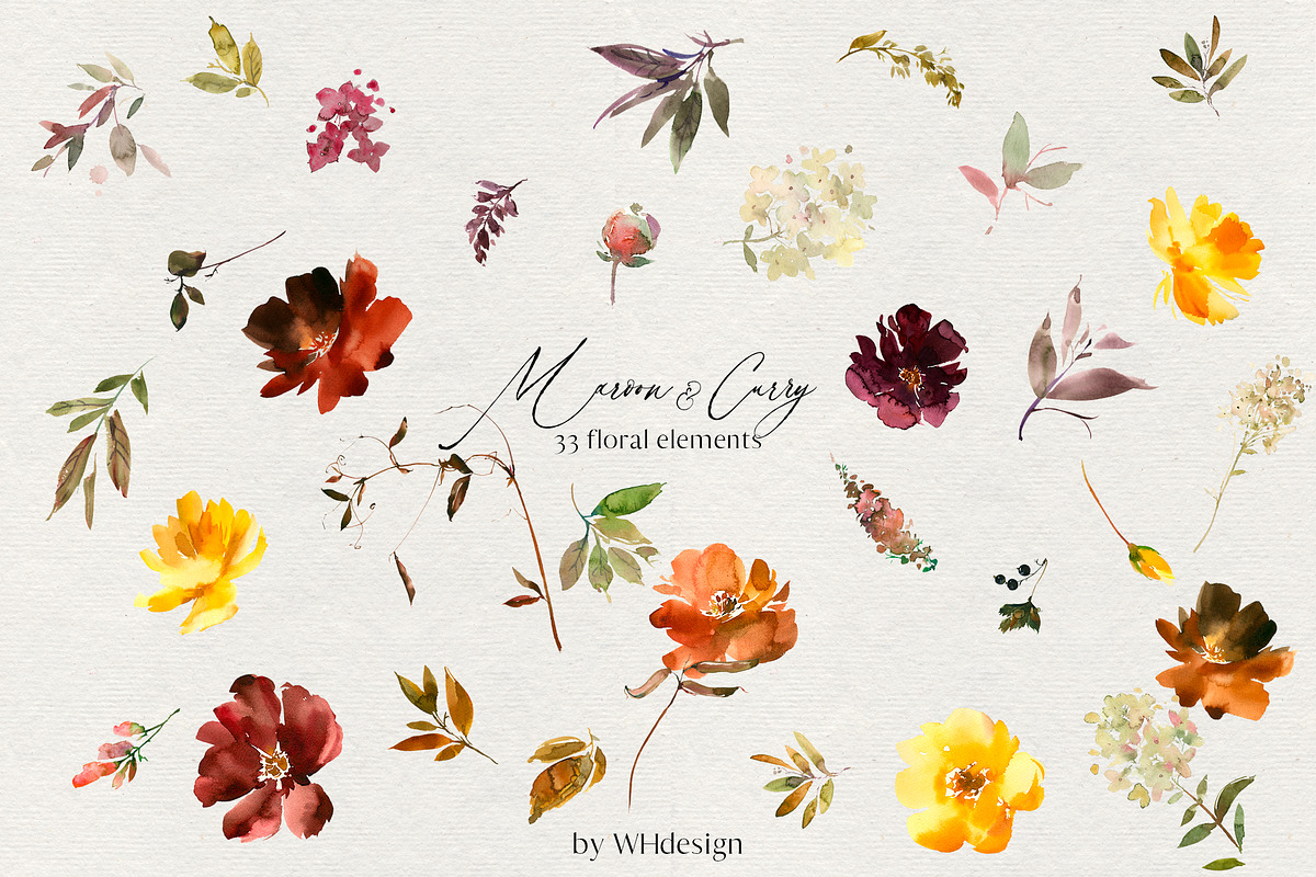 Maroon Yellow Orange Florals PNG, a Decorative Illustration by whiteheartdesign (Photo 7 of 9)