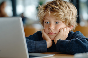 Focused or bored young boy using, a Person Photo by MistyDay