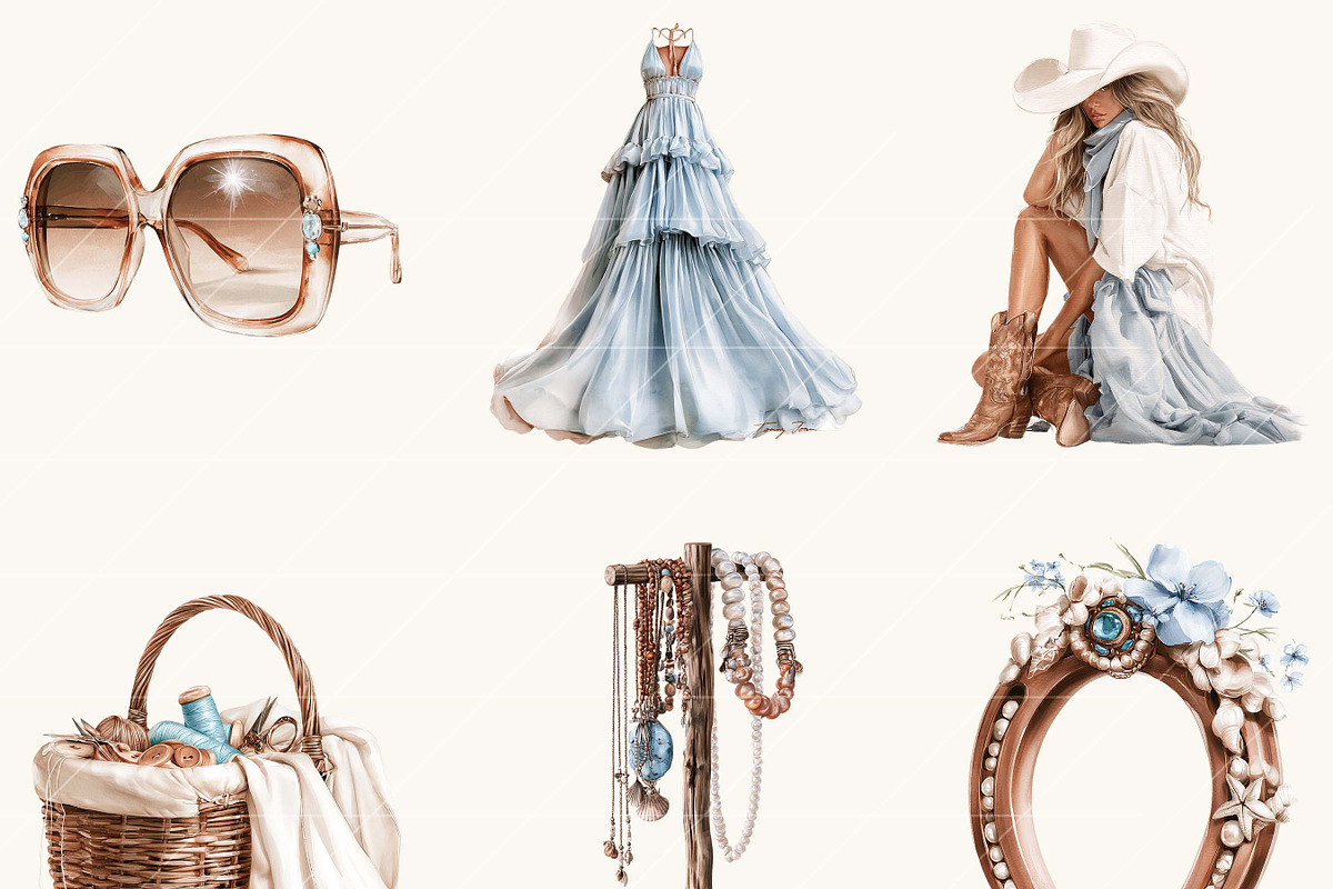 Watercolor Coastal Cowgirl Clipart, a Person Illustration by BusyDaydesign (Photo 5 of 9)