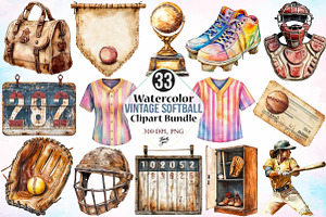 Vintage Softball Clipart Bundle, an Illustration by Canvas Craft