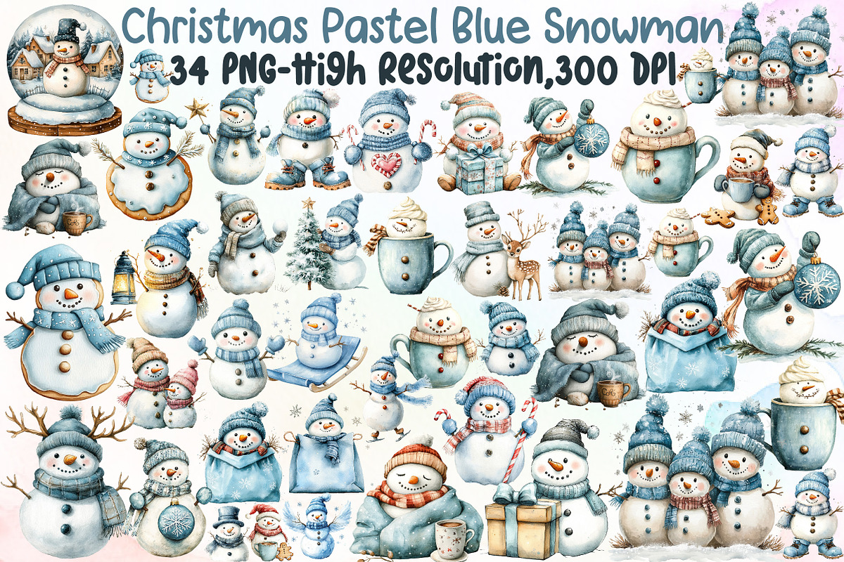 Christmas Pastel Blue Snowman Clipar, an Illustration by Sublimation Artist (Photo 1 of 6)