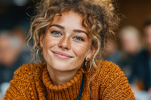 Smiling woman in cozy sweater with curly hair in a warm atmosphere, a Person Photo by AS photostudio