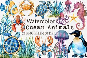 Watercolor Ocean Animals Clipart, an Illustration by Libby Wishes