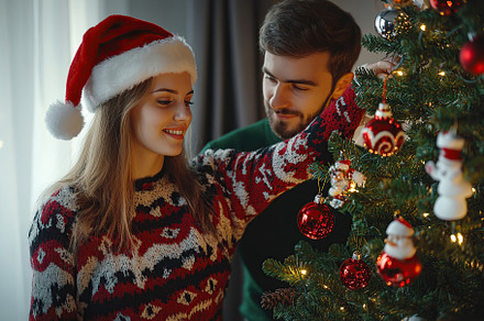 Cute young couple decorating christmas fir tree, a Holiday Photo by AlyaAnd