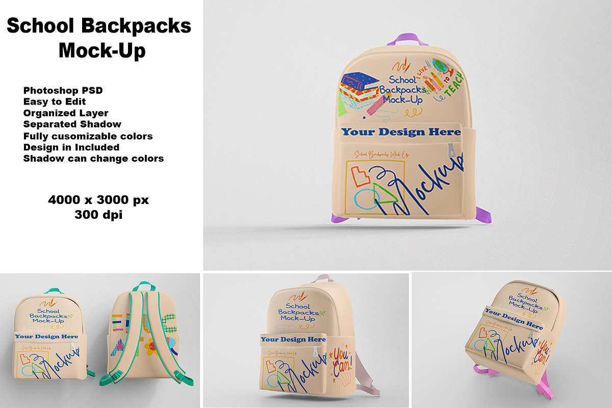 School Backpacks Mock-Ups, a Packaging Mockup by 2M GRAPHICS DESIGN (Photo 1 of 5)