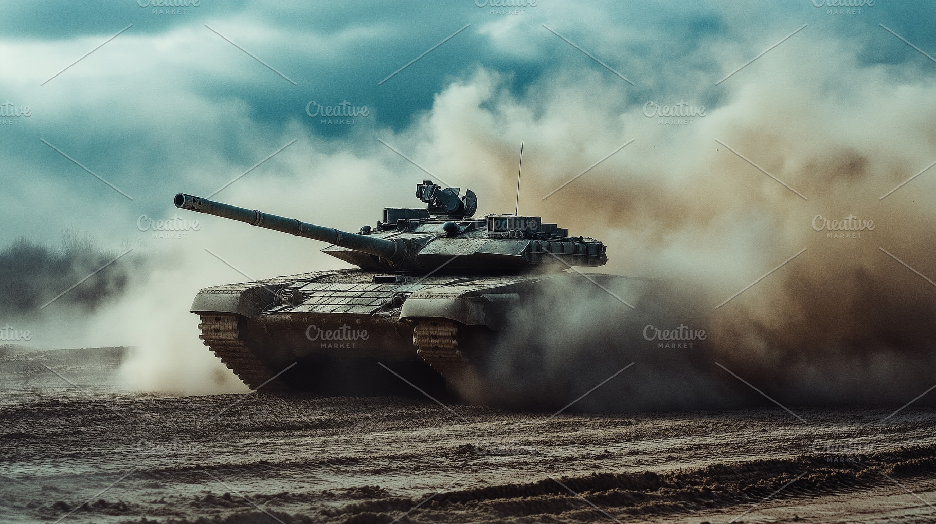 Battle tank charges through a dusty, an Industrial Photo by MistyDay