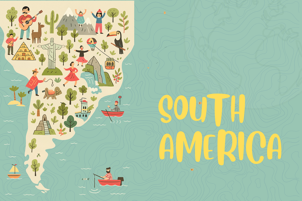 Whimsical South America Map Art, a Decorative Illustration by Travel Venture Art