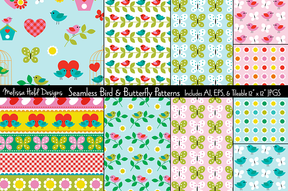 Seamless Bird & Butterfly Patterns preview 7