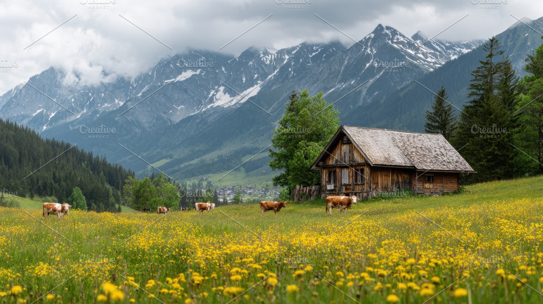 Cows graze in a field near a cabin, a Photo by Beautiful things