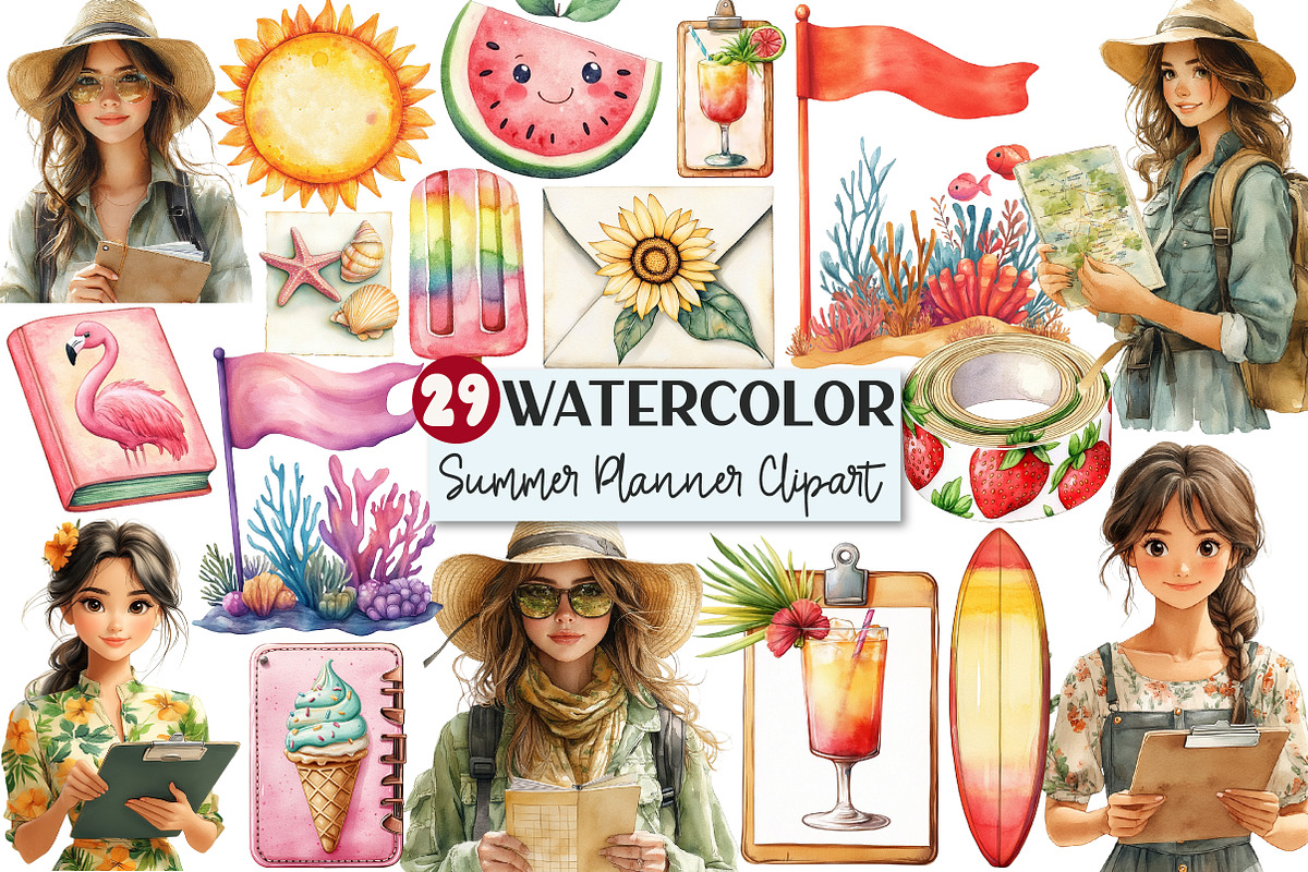 Watercolor Summer Planner Clipart, an Illustration by Rose Art (Photo 1 of 4)