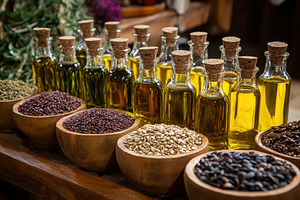 Collection of colorful oils and seed, a Photo by Tanuart