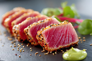 Seared tuna steak with sesame seeds and wasabi, a Food & Drink Photo by AlyaAnd