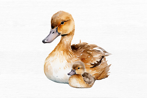 Mother And Baby Duck Watercolor Bund