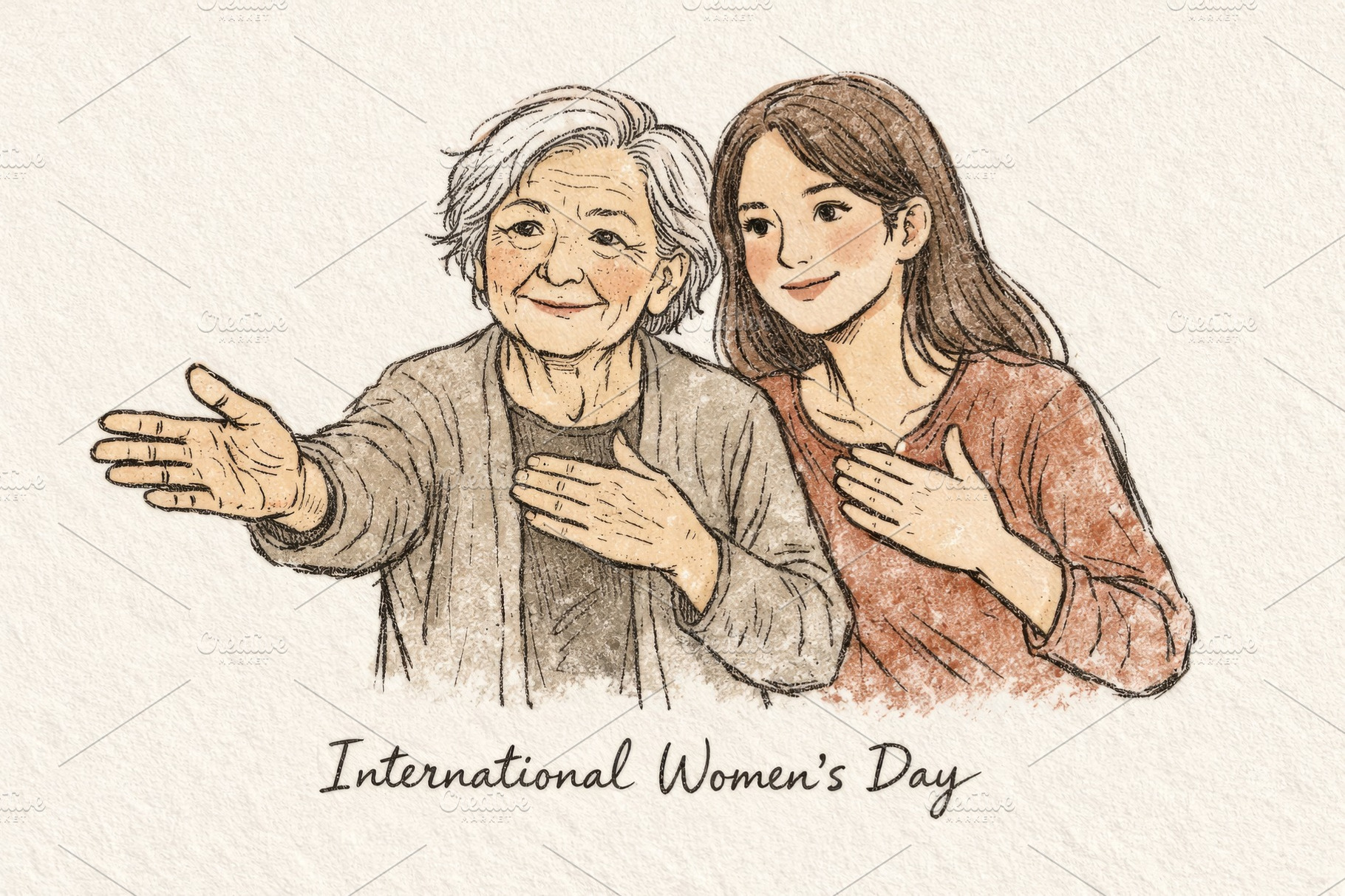International womens day illustration with elderly and young wom, a Photo by Dvoevnore photos