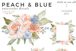 Peach & Blue Watercolor Flowers PNG