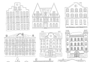 Historic Old Buildings Line Sketch.