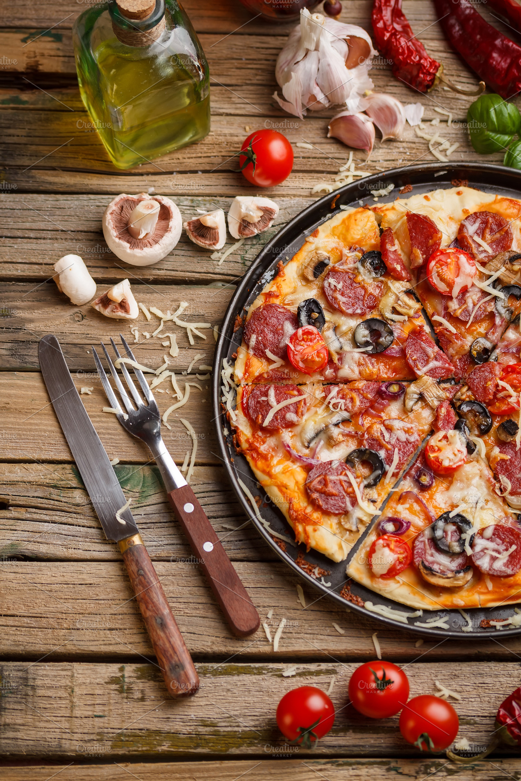 Pizza With Salami Featuring Pizza Still Life And Rustic