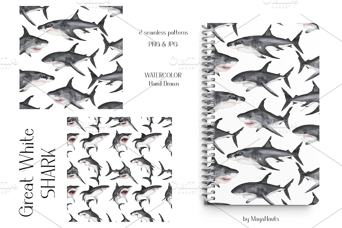 Watercolor Great White Sharks Set, an Animal Illustration by MayaNavits (Photo 5 of 7)