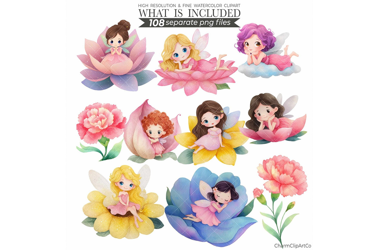 Watercolor Pink Fairy Clipart Bundle, an Illustration by CharmClipart (Photo 7 of 9)