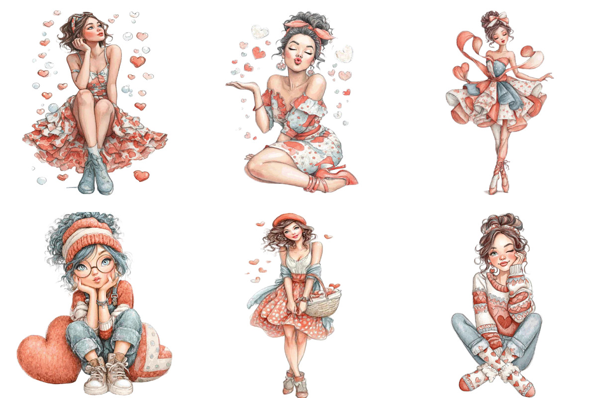 Whimsical Valentine Day Girl Clipart, an Illustration by CraftArtStudio (Photo 2 of 6)