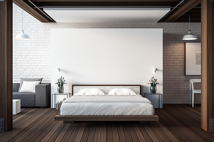 The loft & modern bedroom  3d rende stock photo containing bedroom and, an Architecture Photo by TONTECTONIX