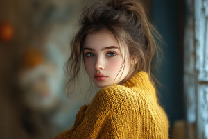 A young woman in a yellow sweater, a Photo by Pavel_design