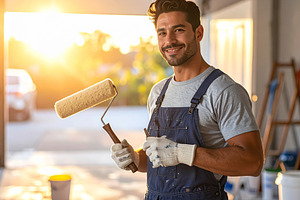 Smiling painter holding a roller in a sunlit workshop, a Person Photo by DanFLCreativo