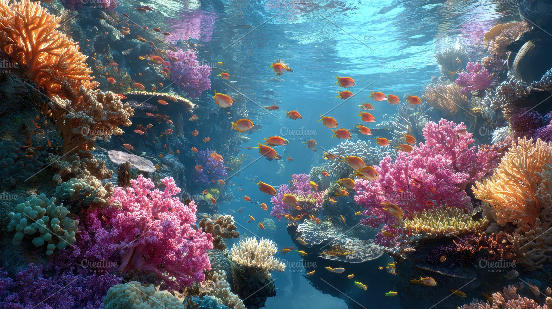 Coral reef with various fishs, a Photo by Pavel_design