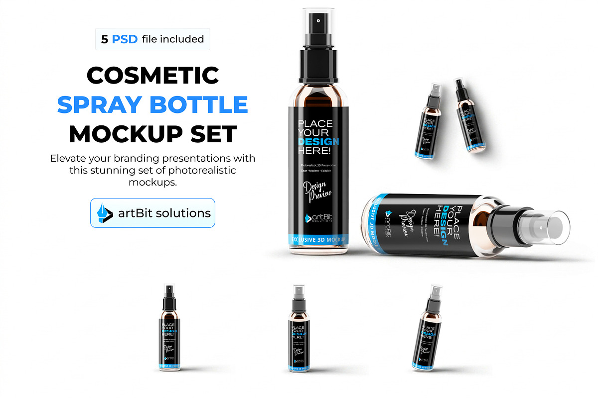 Cosmetic Spray Bottle Mockup Set, a Packaging Mockup by artBit Design Studio (Photo 1 of 6)