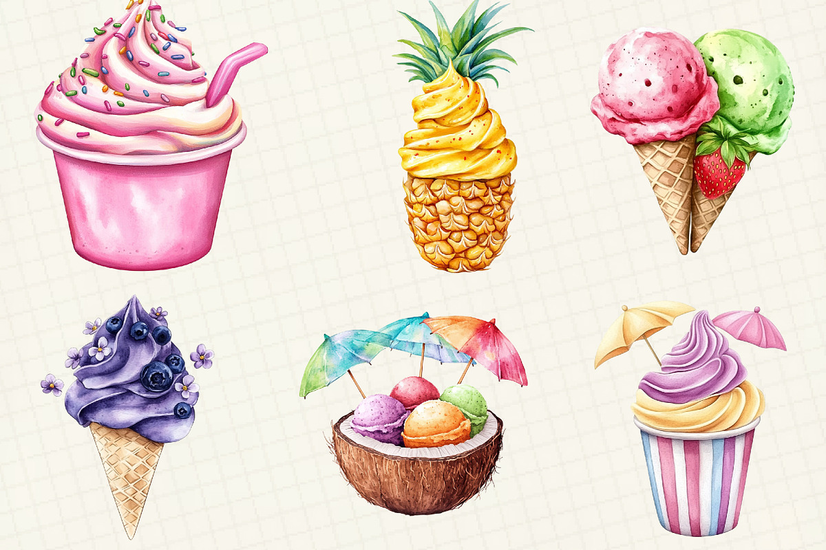 Watercolor Summer Ice Cream Clipart, an Illustration by OK Design (Photo 3 of 5)