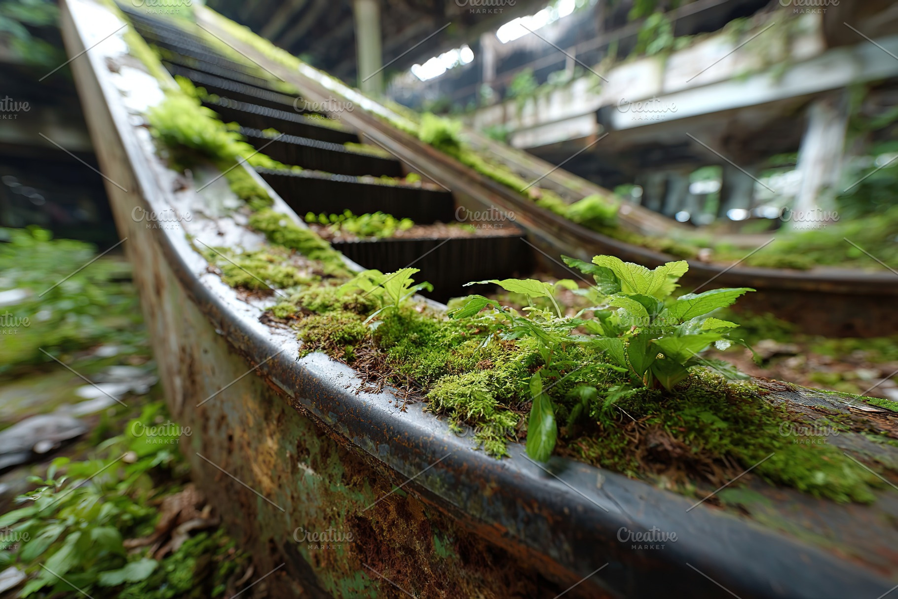 Escalator covered in lush moss in a forgotten industrial space, a Photo by AlyaAnd