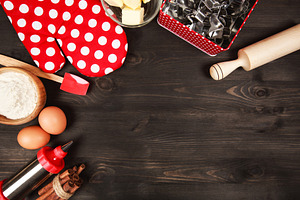 Red polka dot oven mitt and baking, a Food & Drink Photo by Anna Efetova